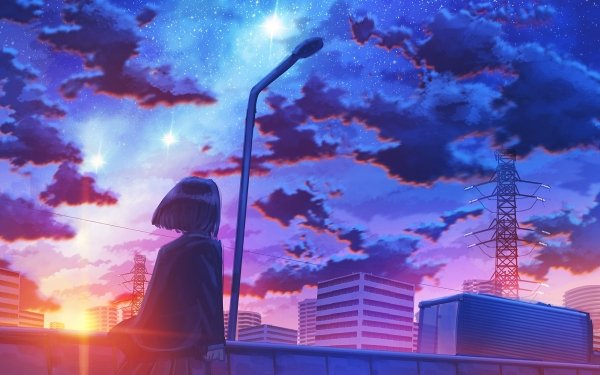 Anime Original Sunset Starry Sky City HD Wallpaper | Background Image