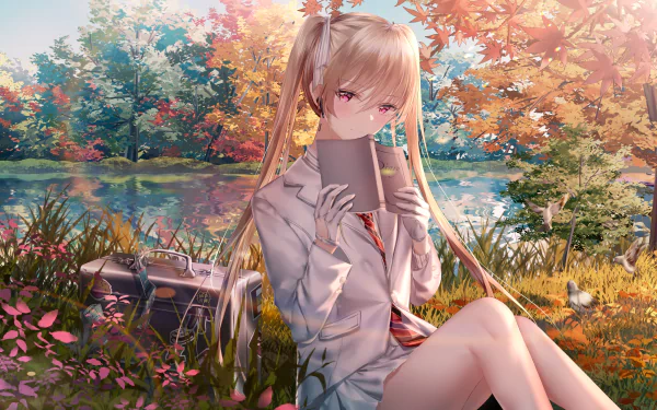 Anime-style original artwork of a girl in uniform sitting by a lake, surrounded by trees in vibrant autumn colors, rendered in 4K Ultra HD for PC desktop wallpaper.