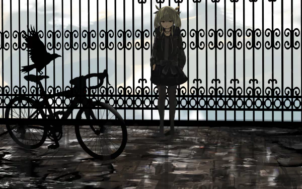 Anime-style original artwork of a girl standing by a fence with a bicycle and a crow perched nearby, rendered in 4K Ultra HD as a PC desktop wallpaper.
