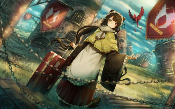 brown hair heterochromia long hair Inui Toko Nijisanji phoenix suitcase Anime Virtual Youtuber HD Desktop Wallpaper | Background Image