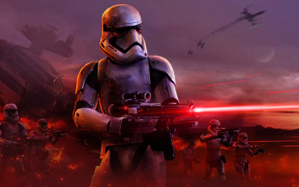 HD PC desktop wallpaper featuring a detailed stormtrooper armed and ready in a dramatic Star Wars sci-fi battle scene with fiery skies and laser fire.