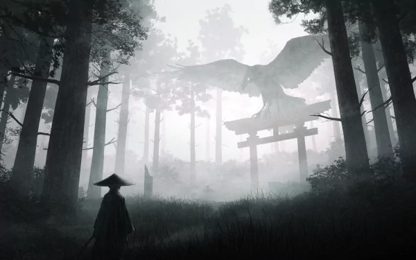 Anime-style 4K Ultra HD desktop wallpaper of a mysterious figure in a misty forest with towering trees and a large crow flying near a traditional torii gate.