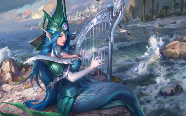 A blue-haired mermaid with long flowing hair plays a harp by the rocky shore in a fantasy setting, rendered in HD for a PC desktop wallpaper.