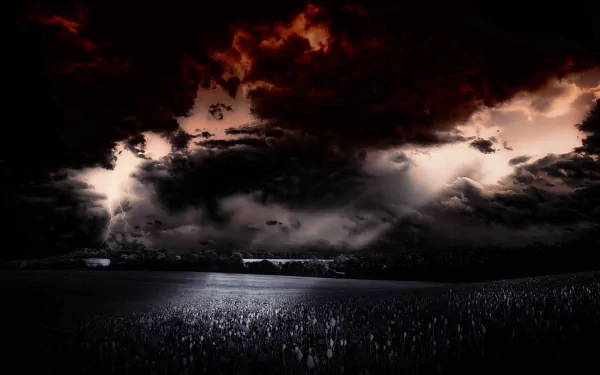 Dramatic black and white landscape featuring a vast field under ominous, dark clouds, creating a striking nature-themed HD desktop wallpaper.