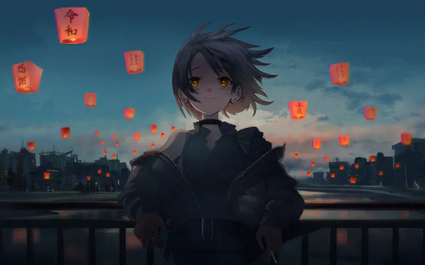 Anime character with short hair standing before a scenic view of floating lanterns at dusk, depicted in an HD desktop wallpaper.