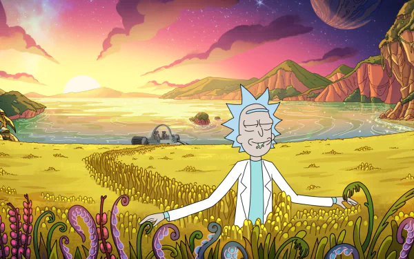 HD desktop wallpaper featuring Rick Sanchez from the TV show Rick and Morty meditating in a colorful alien landscape at sunset.