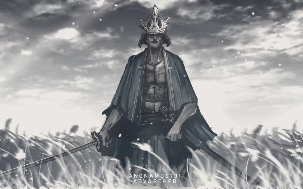 Monochrome HD PC desktop wallpaper of Isshin Ashina from the video game Sekiro: Shadows Die Twice, standing in tall grass with sword drawn beneath a stormy sky.