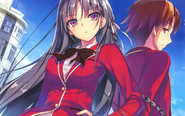 4K Ultra HD anime wallpaper featuring Suzune Horikita and Kiyotaka Ayanokōji from Classroom of the Elite against a bright blue sky backdrop.