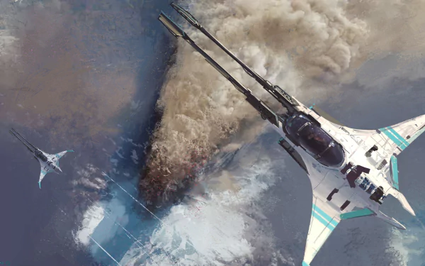 Sci-fi aircraft in high-speed engagement above icy terrain, two sleek fighters and a vapor trail; 2K Quad HD PC desktop wallpaper/background.