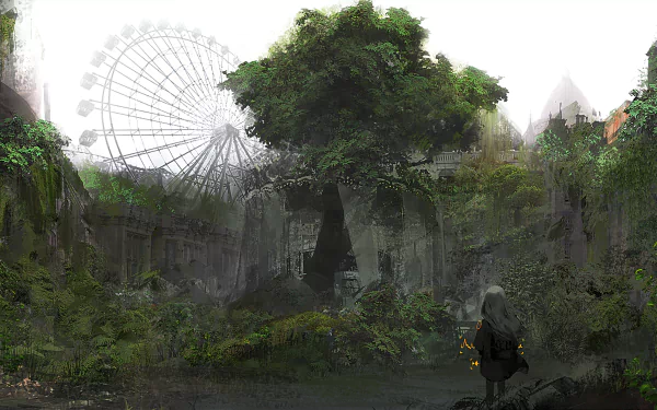 HD anime-style desktop wallpaper depicting a large ferris wheel partially hidden by mist and overgrown greenery, with a lone figure standing near a massive tree in a mysterious landscape.