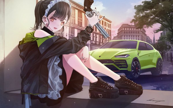 Anime Original Gun Maid Lamborghini Car HD Wallpaper | Background Image