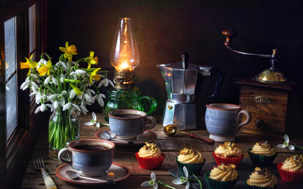 oil lamp drink cupcake cup snowdrop coffee flower photography still life HD Desktop Wallpaper | Background Image
