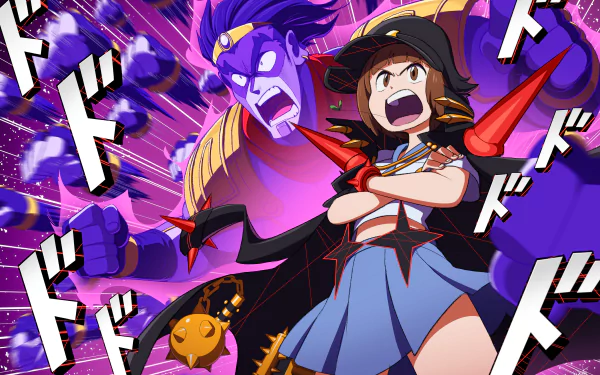 HD desktop wallpaper featuring anime crossover of Ira Gamagoori from Kill La Kill and Mako Mankanshoku with Jojo’s Bizarre Adventure-style dynamic purple background and sound effects.