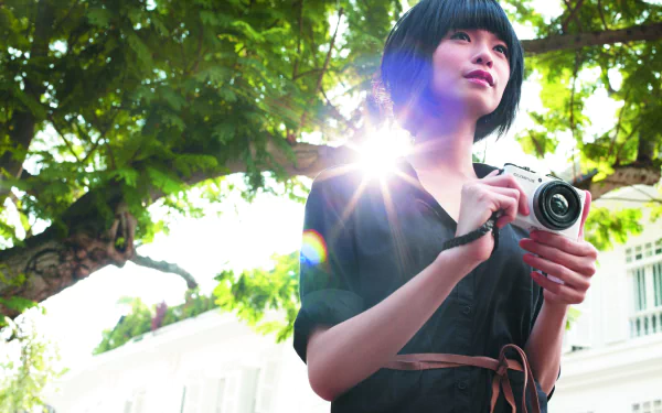 blue hair short hair camera model Olympus woman asian HD Desktop Wallpaper | Background Image