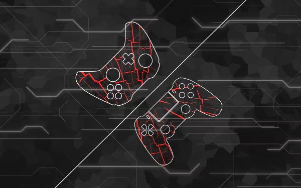 4K Ultra HD PC wallpaper featuring stylized red outlines of Xbox and PlayStation controllers against a dark digital circuit background, highlighting video game culture.