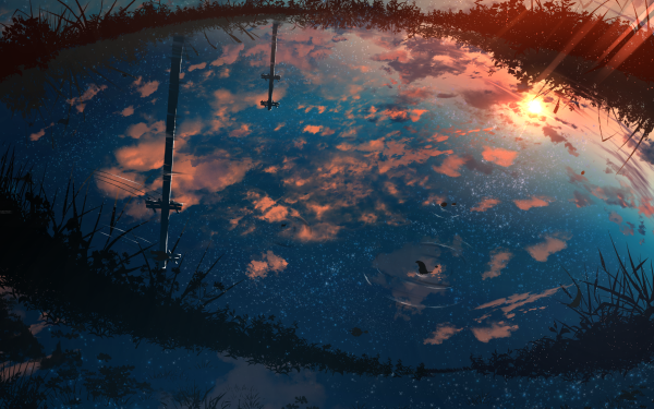 Anime Water Puddle Starry Sky Sky Sunset HD Wallpaper | Background Image