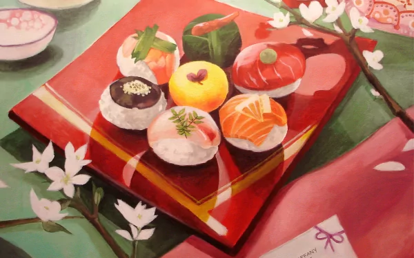 A vibrant painting of assorted sushi arranged on a decorative red plate, surrounded by blossoms, serving as an HD desktop wallpaper and background.