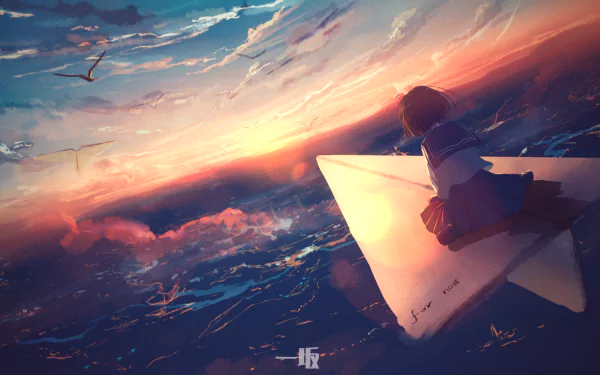 Anime-style image of a child in a uniform riding a paper plane at dusk, with birds and a vibrant sunset sky in the background, suitable as an HD desktop wallpaper.