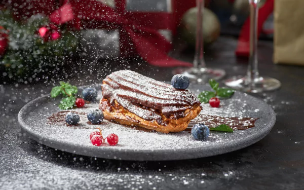  Eclair Dusted w/Powdered Sugar Surrounded with Berries