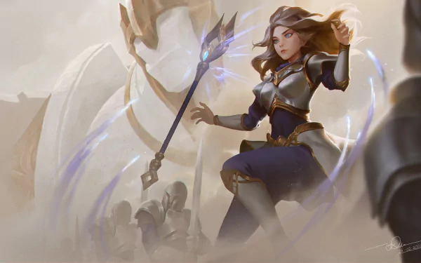 HD PC desktop wallpaper featuring Lux from League of Legends in knight armor, casting magic with her staff in a dynamic video game-inspired scene.