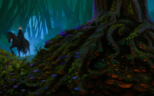 A dark Nazgûl on horseback emerges through a mystical forest, captured in a vivid HD fantasy scene from The Lord of the Rings, designed as a PC desktop wallpaper.