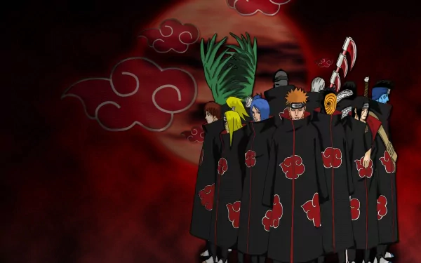 HD anime Naruto desktop wallpaper featuring Akatsuki members standing with the Sharingan eye and red clouds in the background.