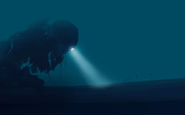 4K Ultra HD Sci-Fi desktop wallpaper featuring a mysterious alien figure illuminated by a bright light beam in a dark, eerie landscape.