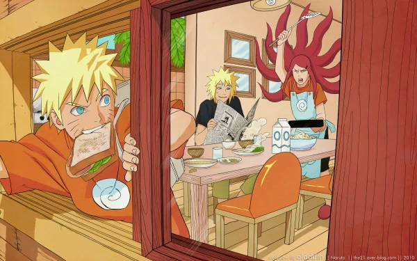 HD desktop wallpaper featuring Naruto Uzumaki peeking through a window while Minato Namikaze and Kushina Uzumaki enjoy breakfast inside. Set in the anime world of Naruto.