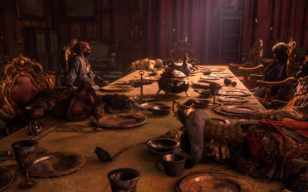 4K Ultra HD PC desktop wallpaper featuring a dimly lit, eerie banquet scene from the video game Uncharted 4: A Thief's End.