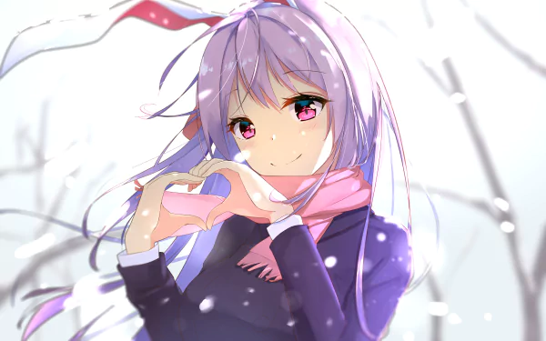 HD anime desktop wallpaper featuring Reisen Udongein Inaba from Touhou, depicted with purple hair and red eyes, making a heart shape with her hands in a snowy setting.