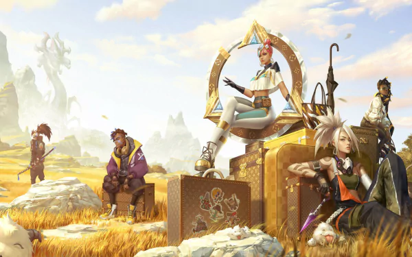 HD League of Legends desktop wallpaper featuring champions Senna, Akali, Qiyana, Ekko, and Yasuo in a vibrant, sunlit landscape.