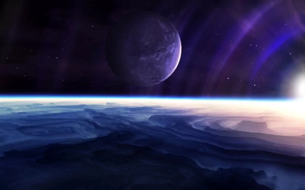 HD Sci-Fi wallpaper depicting a planetscape with a purple-hued sky, a distant planet, and a glowing horizon.