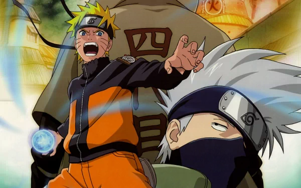 HD desktop wallpaper featuring Naruto Uzumaki and Kakashi Hatake from the anime Naruto. Naruto is shown about to unleash a Rasengan, while Kakashi's face remains calm and composed.
