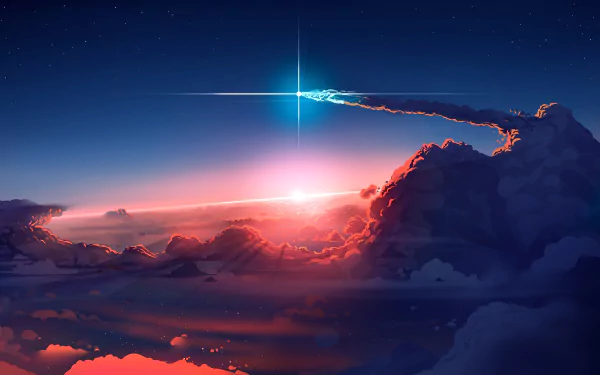 Sci-fi inspired HD desktop wallpaper featuring a comet streaking across a dramatic sunset sky filled with clouds.