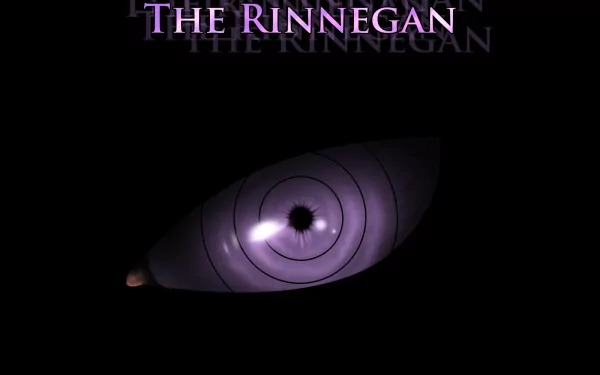HD desktop wallpaper featuring the Rinnegan from the anime Naruto, showing a detailed, glowing purple eye with concentric circles on a black background. The Rinnegan text is visible at the top.