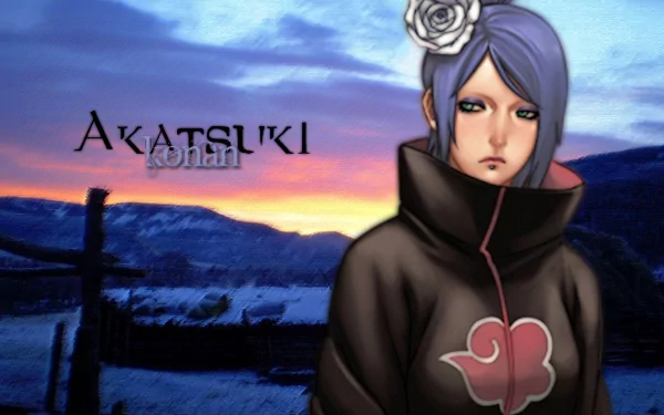 A high-definition desktop wallpaper featuring Konan from Naruto, dressed in her Akatsuki cloak, with a serene landscape and a sunset in the background.