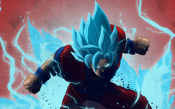 Goku in Super Saiyan Blue with Kaioken aura powers up fiercely, depicted in vibrant anime style for a 4K Ultra HD Dragon Ball desktop wallpaper.