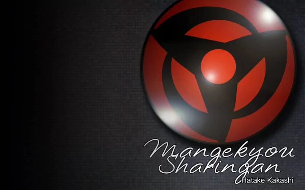 HD desktop wallpaper featuring the Mangekyō Sharingan symbol from the anime Naruto. The design prominently displays the Sharingan on a dark background with stylized text.