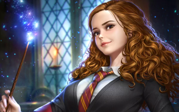 4K Ultra HD digital artwork of Hermione Granger with curly brown hair, casting magic inside a Hogwarts-style room, inspired by Emma Watson’s iconic Harry Potter character.