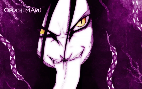 HD desktop wallpaper featuring Orochimaru from the anime Naruto. Orochimaru's intense gaze and extended tongue are highlighted against a dark purple background.