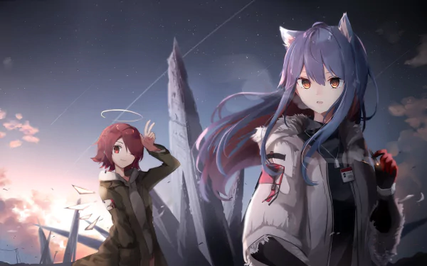 HD Arknights wallpaper featuring Texas with blue hair and animal ears, and Exusiai with red hair, set against a dramatic sky with yellow and red eyes.