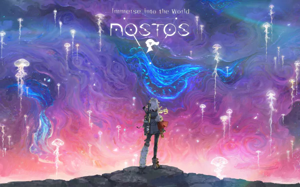 4K Ultra HD desktop wallpaper featuring a character observing glowing jellyfish-like creatures in a vibrant, otherworldly scene from the Nostos video game.