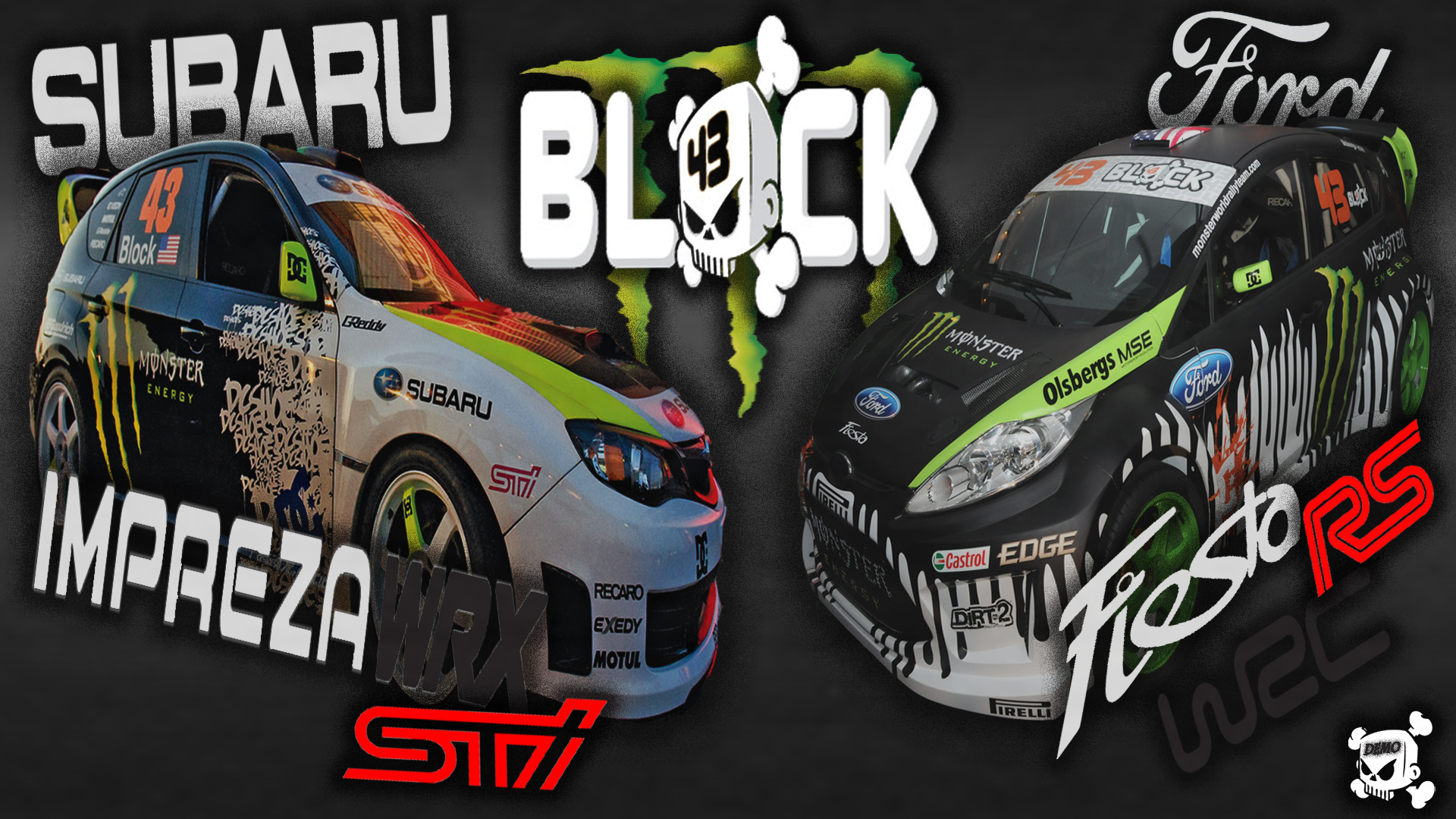 Block STi WRC - a visually striking desktop wallpaper featuring a Ford and Subaru car in action.