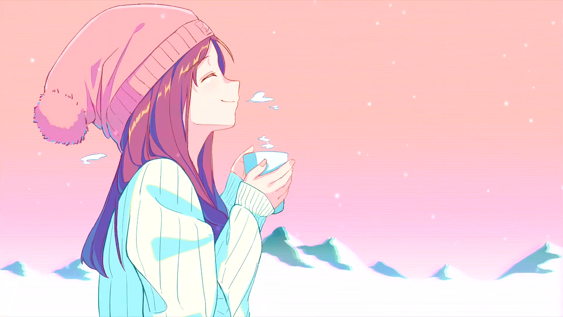 Anime wallpaper featuring a girl with long hair and a pink hat, enjoying a hot drink against a backdrop of snowy mountains and a pastel sky.