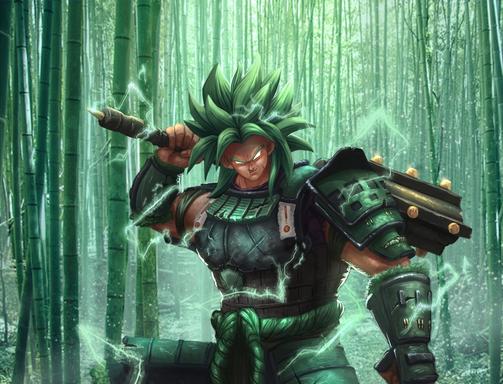 HD anime desktop wallpaper featuring Broly from Dragon Ball, standing powerfully in a glowing bamboo forest with electric energy surrounding him.