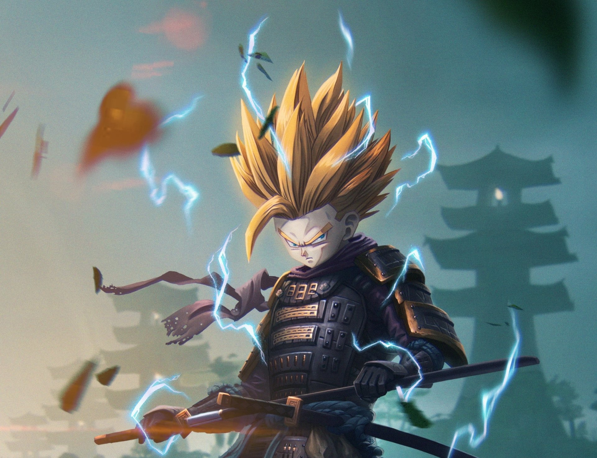HD PC wallpaper featuring Gohan from Dragon Ball as a fierce Super Saiyan samurai, surrounded by lightning with a traditional Japanese pagoda in the background.