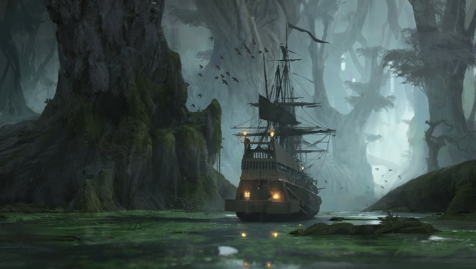 HD fantasy desktop wallpaper depicting a mysterious ship navigating through a foggy, dark swamp with towering trees and eerie atmosphere.