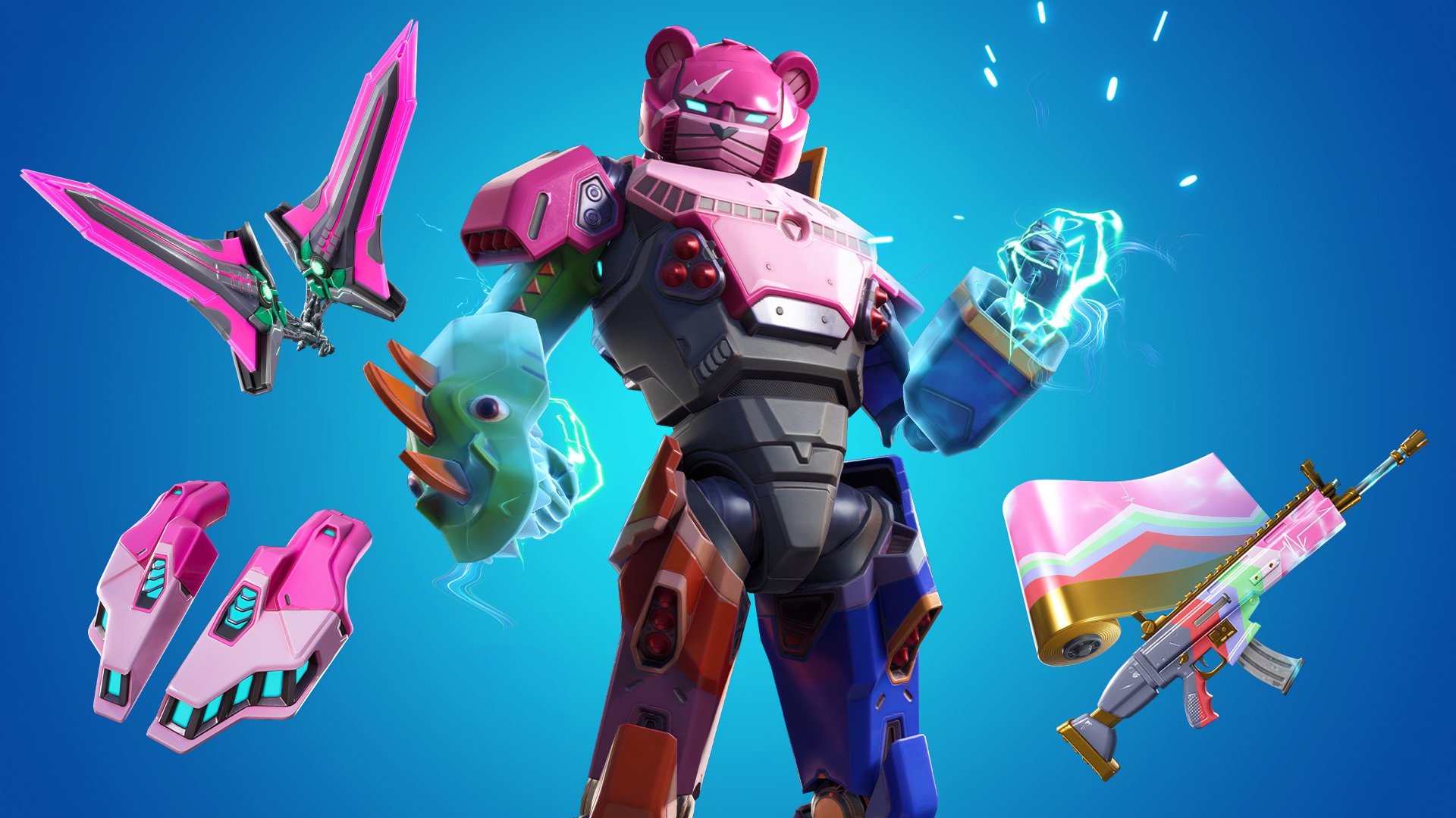 4K Ultra HD Fortnite PC wallpaper featuring a robotic bear character with glowing fists, accompanied by colorful weapons and a small creature against a bright blue background.