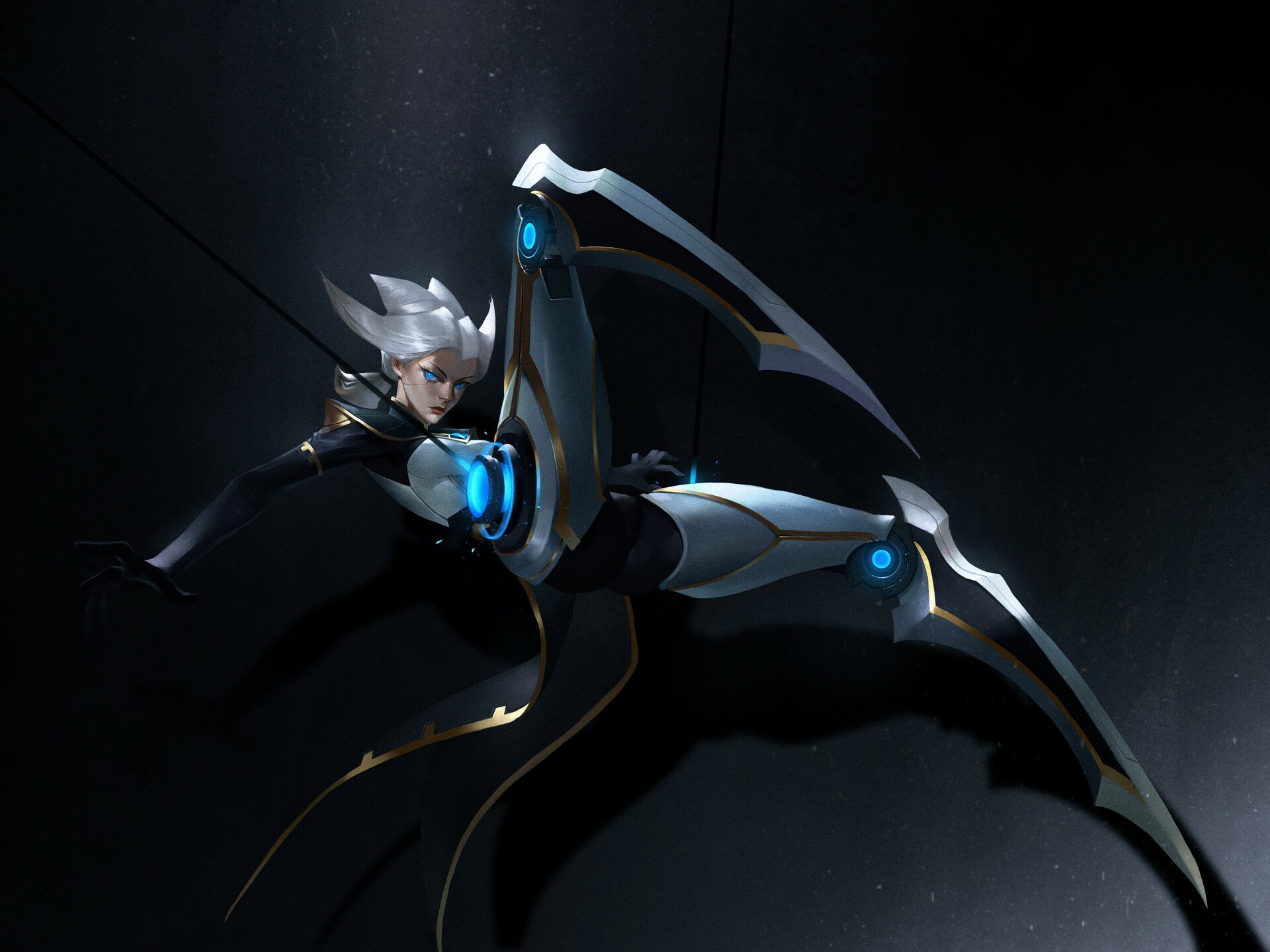 HD PC desktop wallpaper of Camille from the video game League of Legends: silver-haired, mechanized blades and blue energy light slicing through a dark, dramatic background.