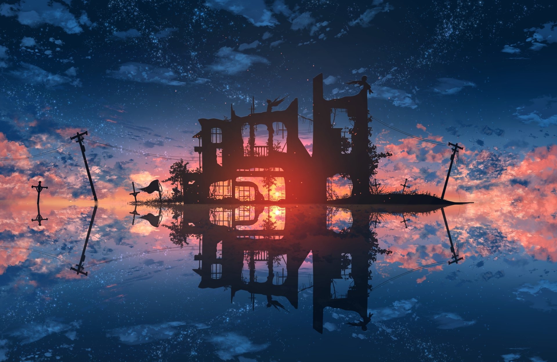 A stunning HD desktop wallpaper featuring an Anime-inspired scene with the reflection of a silhouetted angel, ruins, and power lines at sunset over water.
